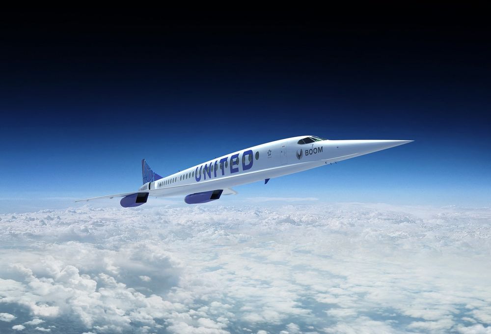 This undated artist rendering released by Boom Supersonic shows the company's supersonic airplane with the United Airlines logo.
