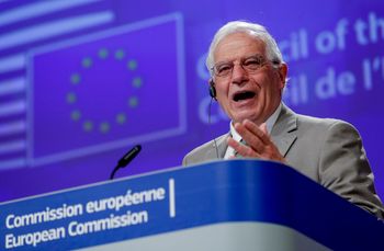 FILE - European Union foreign policy chief Josep Borrell addresses a video press conference at the conclusion of a video conference of EU foreign affairs ministers in Brussels, April 22, 2020