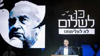 Yair Golan speaks during a rally marking 30 years since the assassination of Israeli PM Yitzhak Rabin, at Tel Aviv's Rabin Square on November 1, 2025.