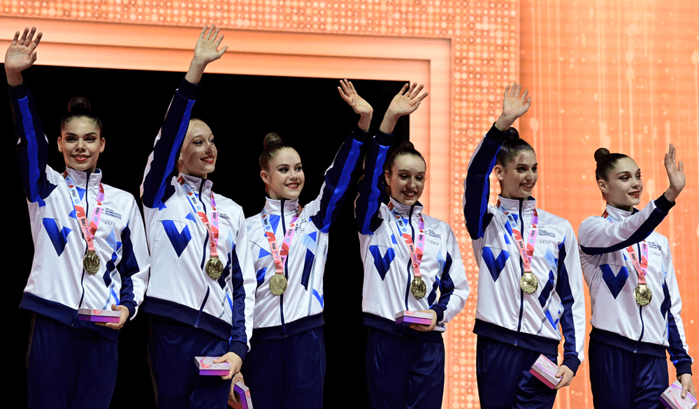 Group gold medalists Israel on the podium after winning the group 3 ribbons and 2 balls final at the 40th FIG Rhythmic Gymnastics World Championships in Valencia, Spain