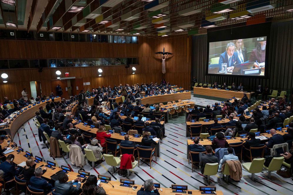 (AP Photo/Yuki Iwamura) Rafael Grossi, International Atomic Energy Agency (IAEA) Director General and a candidate for United Nations Secretary-General, speaks during an informal dialogue at U.N. headquarters, Tuesday, April 21, 2026.