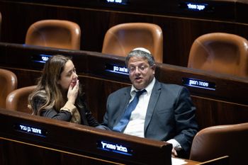 Itamar Ben Gvir (R) with May Golan at a plenum session at the assembly hall of the Knesset (Israeli parliament) in Jerusalem.