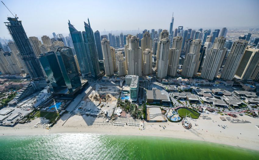 An aerial view of the Marina Beach in the Gulf emirate of Dubai, during a government-organized helicopter tour on July 8, 2020.