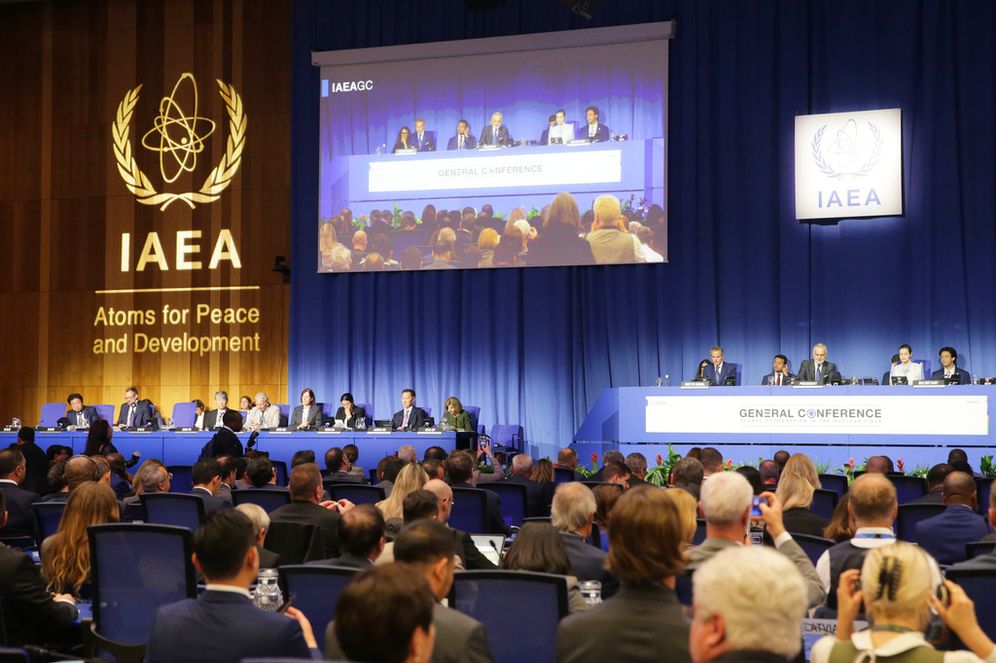 (AP Photo/Heinz-Peter Bader) Delegates watching the IAEA Board of Governors during the annual General Conference of the International Atomic Energy Agency (IAEA) in Vienna, Austria, Monday, Sept. 14, 2026