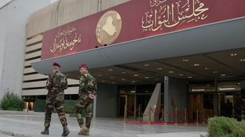 Guards prepare for the arrival of Parliament members at the parliament to elect the President in Baghdad, Iraq, April11, 2026. 
