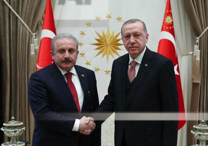 Turkey's President Recep Tayyip Erdogan, right, meets with Mustafa Sentop, the newly elected Parliament Speaker, prior to their meeting at the Presidential Palace in Ankara, Turkey, Wednesday, Feb. 27, 2019.