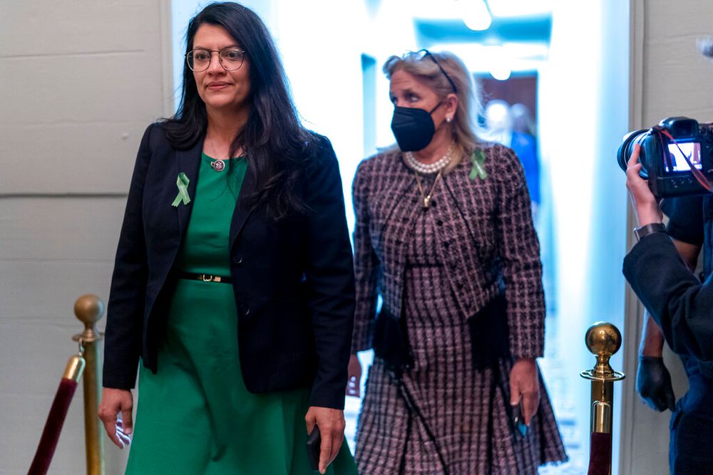 US Congresswoman Rashida Tlaib, (L), at the Capitol in Washington, DC, United States, May 11, 2022.