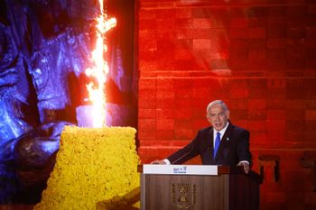 Israeli Prime Minister Benjamin Netanyahu speaks during a ceremony held at the Yad Vashem Holocaust Memorial Museum in Jerusalem, as Israel marks annual Holocaust Remembrance Day.