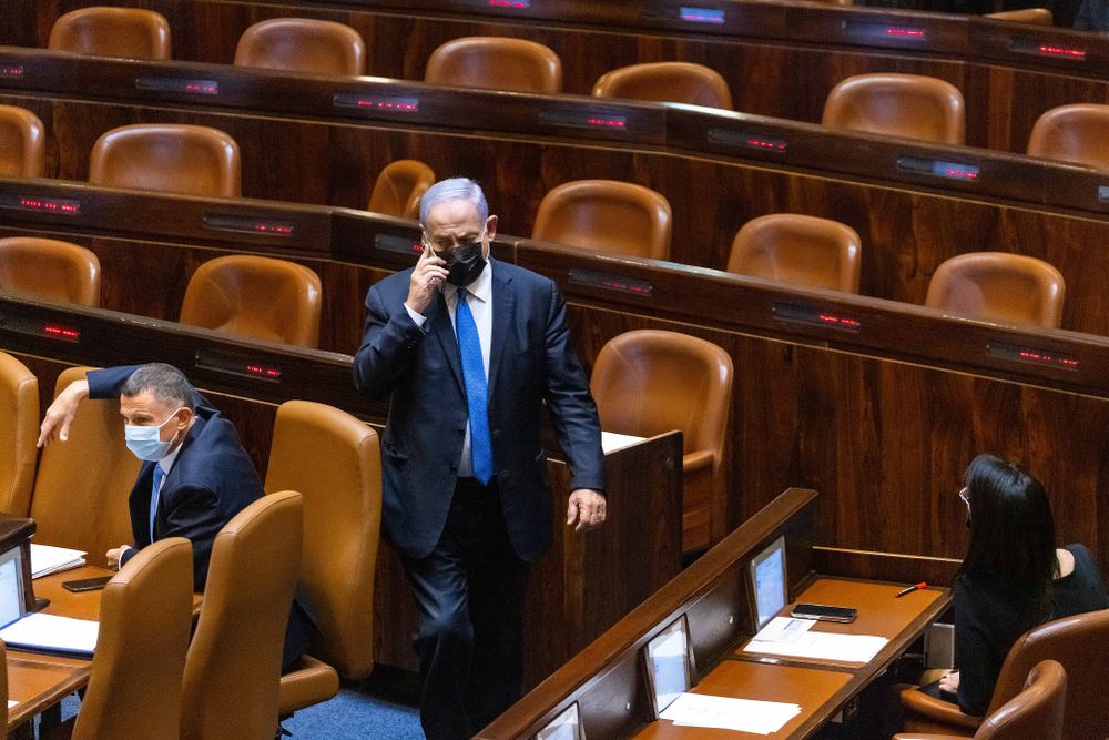 Benjamin Netanyahu in the plenary hall of the Israeli Parliament, in Jerusalem, June 2, 2021.