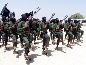 Al-Shabaab fighters perform military exercises in the Lafofe area, near Mogadishu, February 17, 2011.