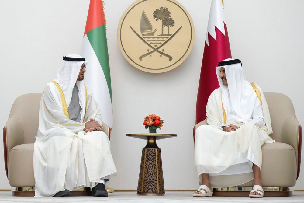 Qatari Emir Sheikh Tamim bin Hamad Al-Thani (R) greats Emirati President Sheikh Mohamed bin Zayed Al-Nahyan in Doha, Qatar.