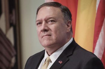 FILE - In this Aug. 20, 2019, file photo, United States Secretary of State Michael Pompeo holds a press visit during their visit to attend the United Nations Security Council on the Mideast, at U.N. headquarters.