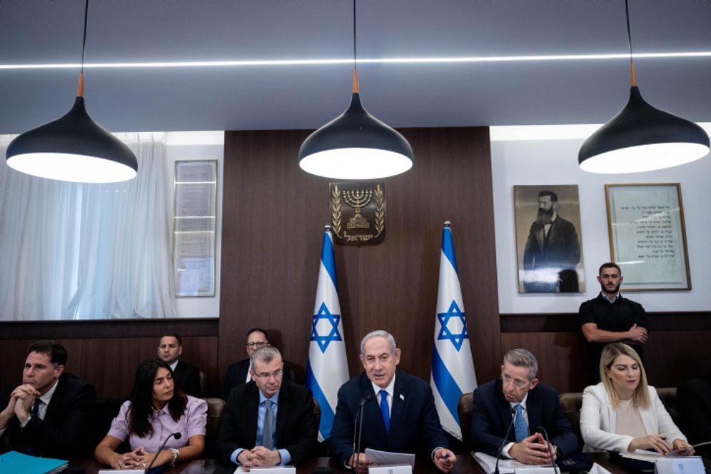 Israeli Prime Minister Benjamin Netanyahu leads a government conference at the Prime Minister's office in Jerusalem.