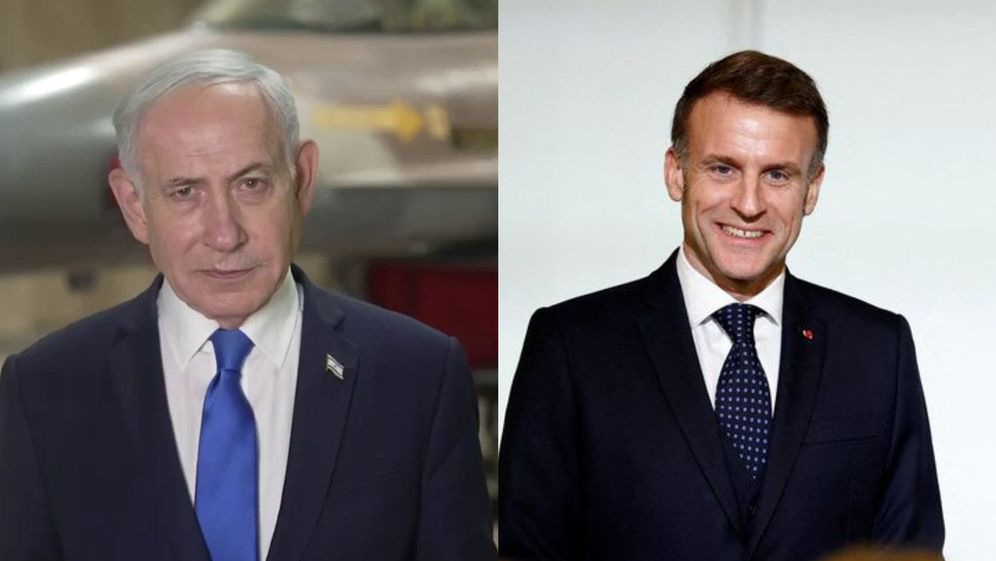 Benoit Tessier/Pool photo via AP, רועי אברהם/לע"מ עמנואל מקרון ובנימין נתניהו