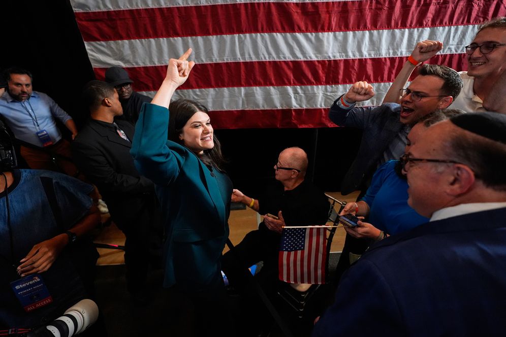 AP Photo/Paul Sancya Rep. Haley Stevens, D-Mich., a candidate in the Democratic primary for US Senate in Michigan, speaks with supporters during a primary election night event Wednesday, Aug. 5, 2026, in Detroit.