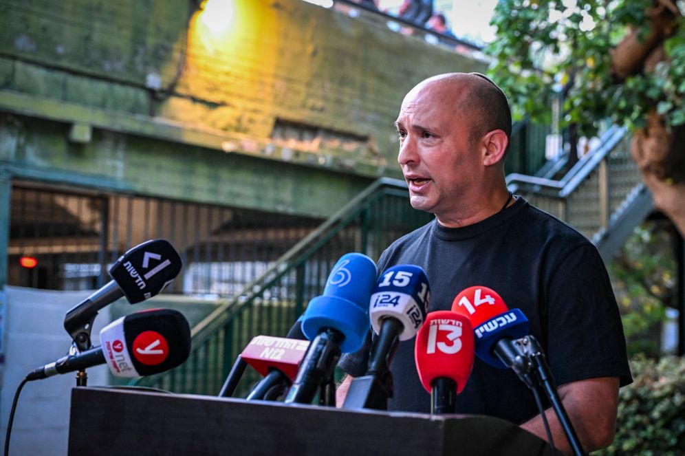 Photo by Avshalom Sassoni/Flash90 Former Israeli Prime Minister and Beyachad party chairman Naftali Bennett speaks to the media at the Families’ Sukkah at Hostages Square in Tel Aviv, September 29, 2026.
