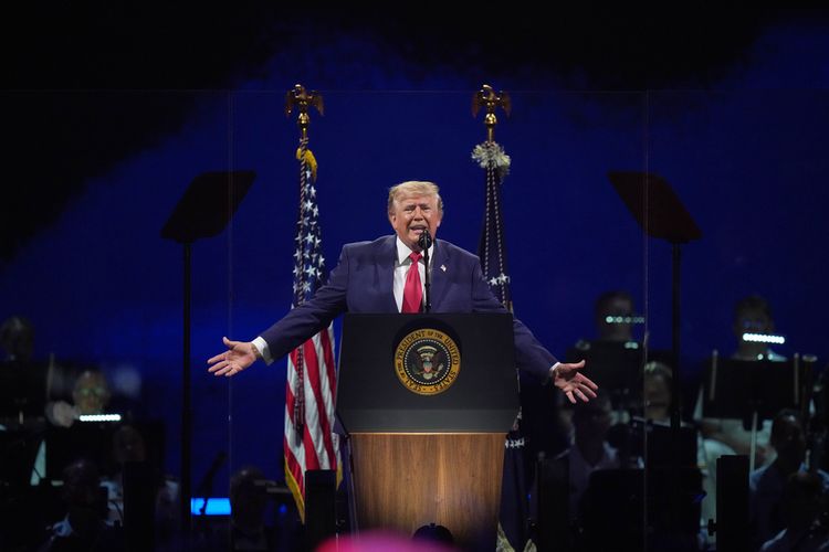 President Donald Trump speaks at Salute to America, an Independence Day event honoring the nation's 250th anniversary, Saturday, July 4, 2026, on the National Mall in Washington