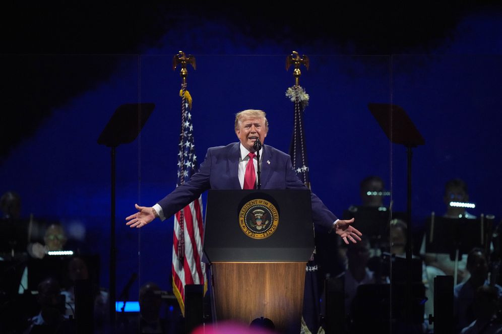 (AP Photo/Alex Brandon) President Donald Trump speaks at Salute to America, an Independence Day event honoring the nation's 250th anniversary, Saturday, July 4, 2026, on the National Mall in Washington