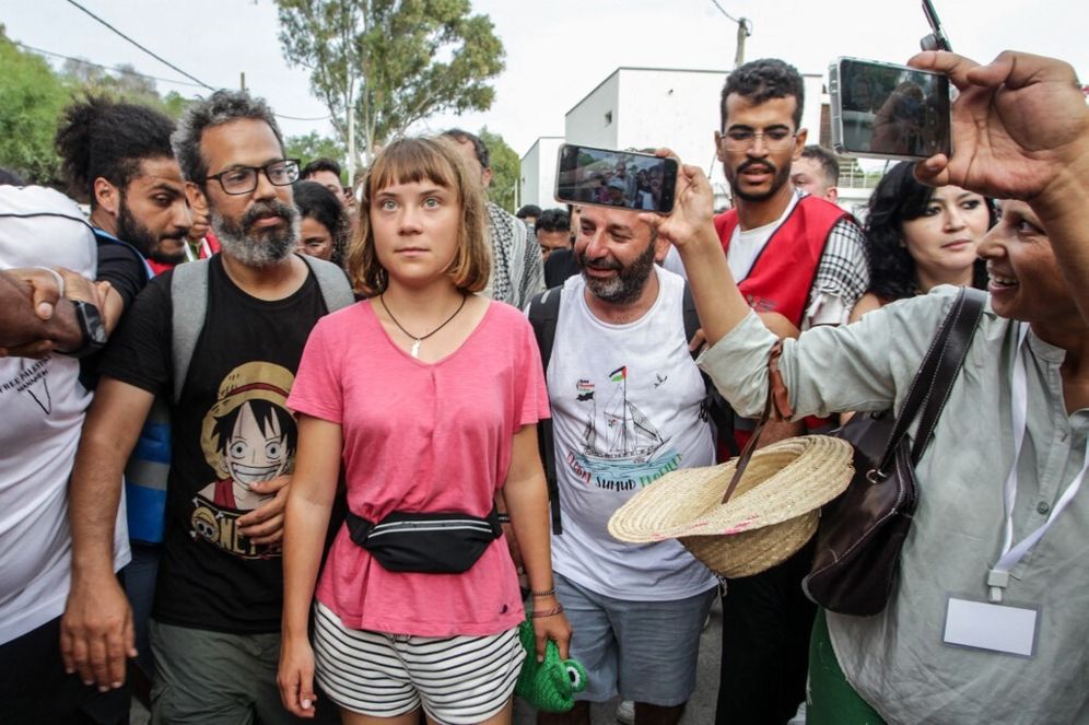 Greta Thunberg with a crowd of pro-Palestinians who came to welcome the Global Sumud Flottila at the port of Sidi Bou Said village, Tunisia, 07.09.2025