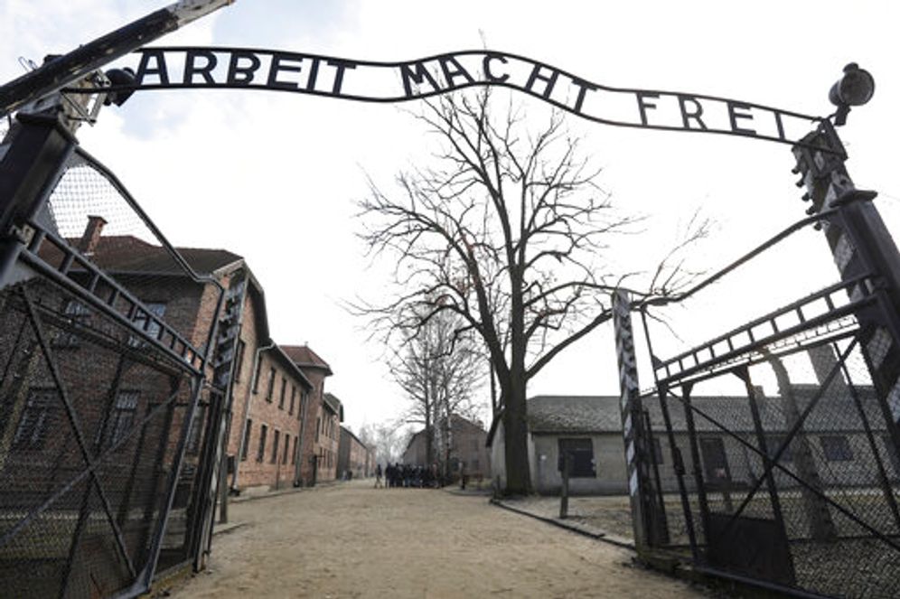 An entrance gate at the Nazi concentration camp Auschwitz-Birkenau in Oswiecim, Poland, on February 15, 2019.