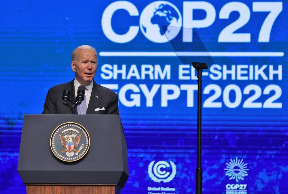 US President Joe Biden delivers a speech during the COP27 summit in Egypt's Red Sea resort city of Sharm el-Sheikh.
