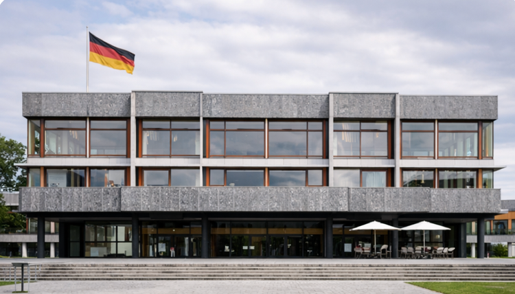 Vue du bâtiment de la Cour constitutionnelle fédérale allemande, plus haute juridiction du pays, compétente notamment en matière de contrôle de constitutionnalité et de protection des droits fondamentaux.