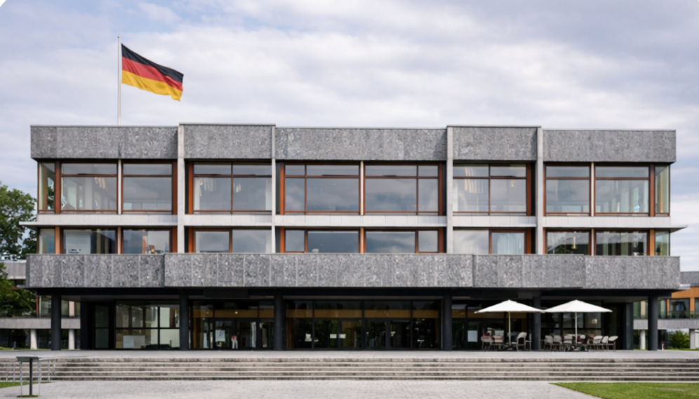 Vue du bâtiment de la Cour constitutionnelle fédérale allemande, plus haute juridiction du pays, compétente notamment en matière de contrôle de constitutionnalité et de protection des droits fondamentaux.