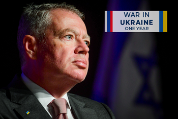 Ukraine's ambassador to Israel, Yevgen Korniychuk speaks during a conference of Democrat TV in Jaffa, Israel.