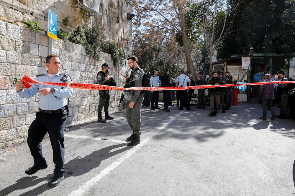 Police at the scene of a stabbing attack near Lions Gate in Jerusalems Old City. A police officer was light injured, the attackjer was neutralized. February 06, 2020.