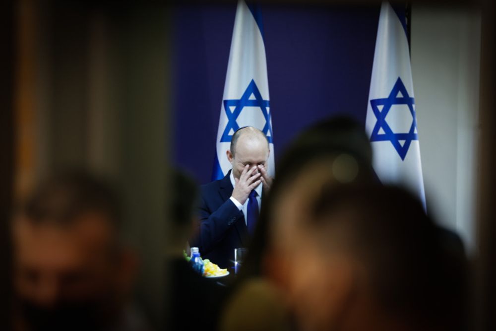 Head of the Yamina party Naftali Bennett during a meeting with members of the 'change' coalition at the Knesset (Israel Parliament) in Jerusalem, on June 13, 2021.