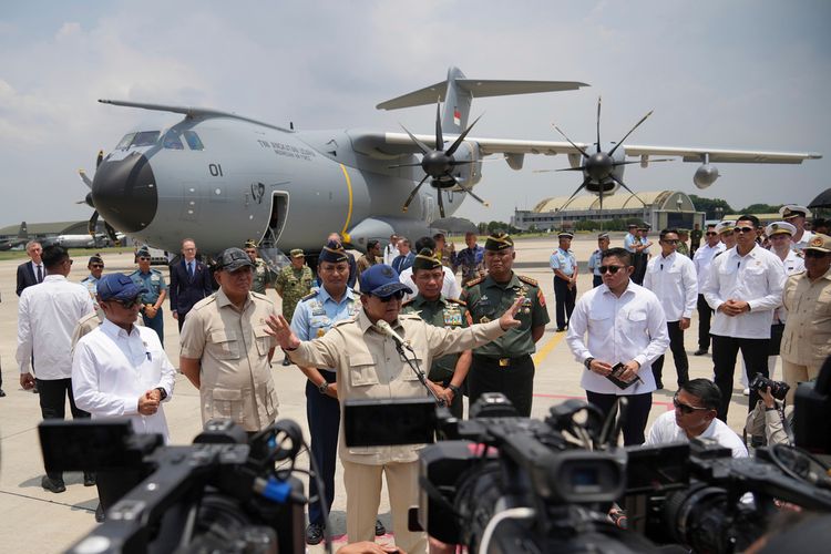 Indonesian President Prabowo Subianto talks to journalists after the inauguration ceremony of the newly arrived Indonesian Air Force's Airbus A400M military cargo plane at Halim Perdanakusuma Air Base in Jakarta, Indonesia, Monday, Nov. 3, 2025.