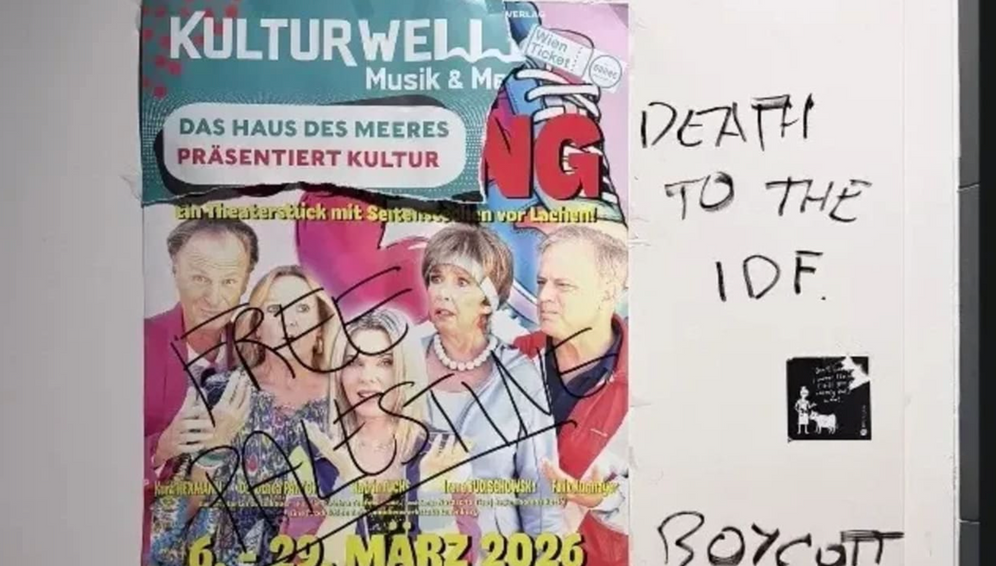 ANTI-ISRAEL graffiti on the Israeli cafe in Vienna