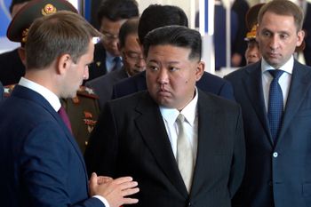 Accompanied by local officials, North Korea's leader Kim Jong Un visits the Far Eastern Federal University in Vladivostok, Russia.