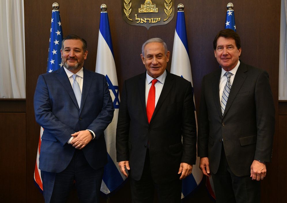 Israel's Prime Minister Benjamin Netanyahu (center) is flanked by Sen. Ted Cruz (R-TX, left) and Sen. Bill Hagerty (R-TN) in the PM's Jerusalem office on June 1, 2021.