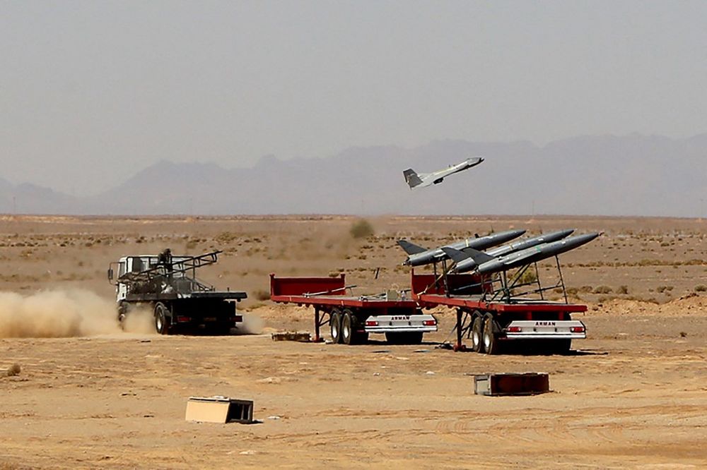 This handout picture provided by the Iranian Army office shows the launch of a military unmanned aerial vehicle during a two-day drone drill at an undisclosed location in Iran.