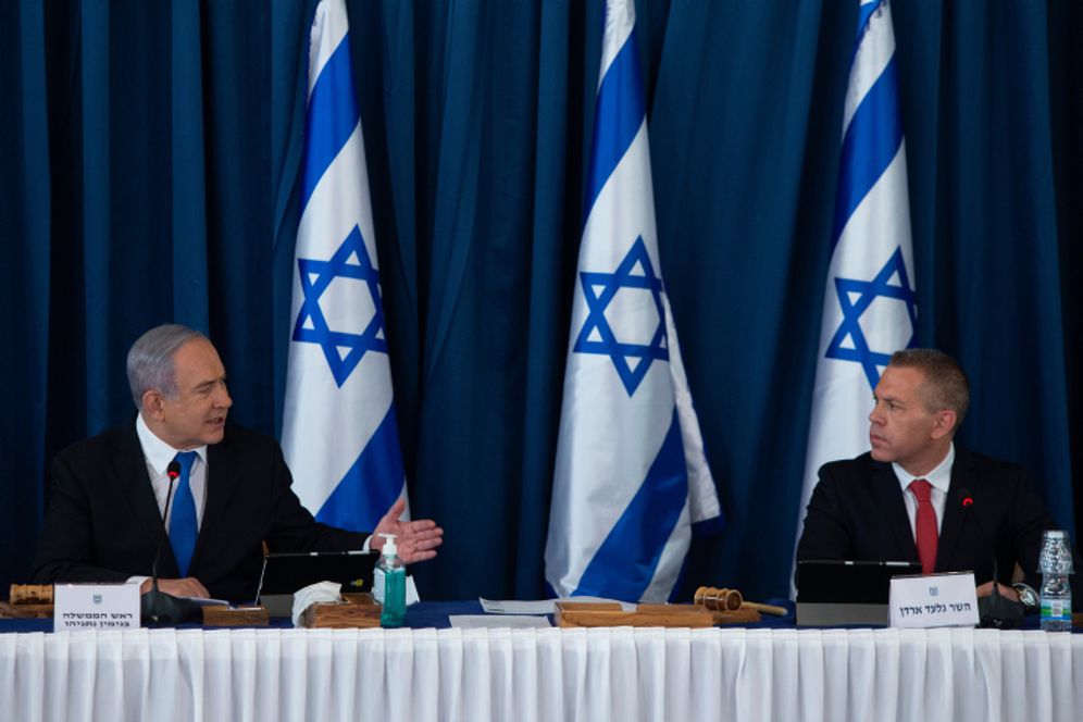 Israeli Prime Minister Benjamin Netanyahu and then-newly appointed ambassador to the UN and the US Gilad Erdan attend the weekly cabinet meeting, at the Foreign Affairs Ministry in Jerusalem on July 5, 2020.