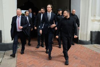 In this photo provided by the Ukrainian Presidential Press Office, Ukraine's President Volodymyr Zelenskyy, right, U.S. President Donald Trump's envoys Jared Kushner and Steve Witkoff walk prior to talks in Kyiv, Ukraine, Sunday, Sept. 6, 2026.