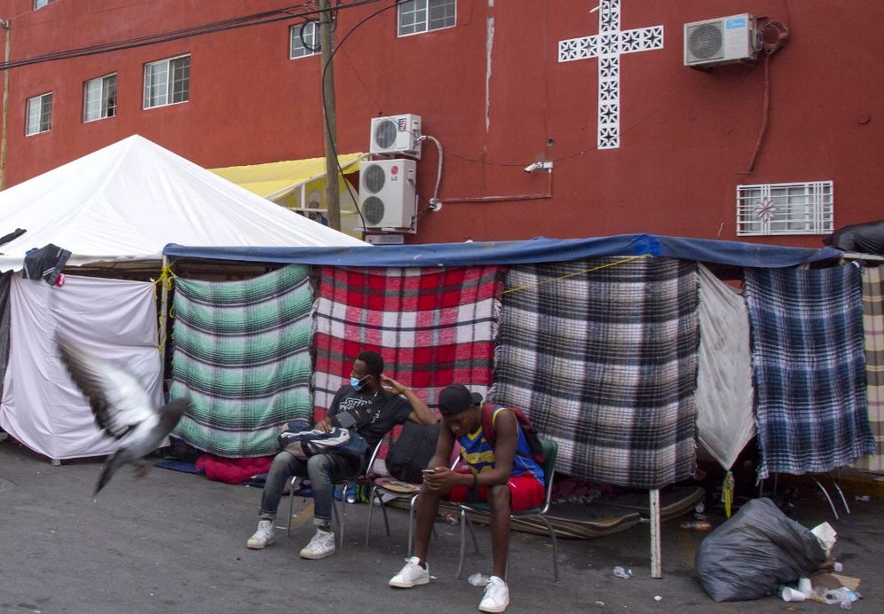 Haitian migrants outside a shelter as they await their immigration resolutions in Monterrey, Mexico, on September 28, 2021.
