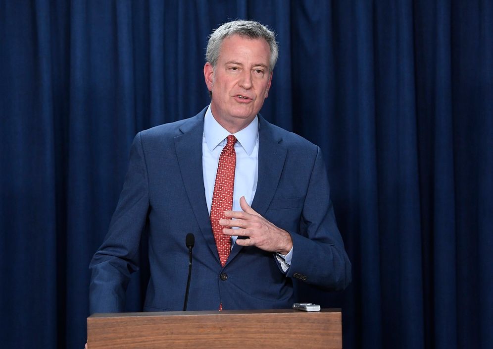 New York City Mayor Bill de Blasio comments on New York Gov. Andrew Cuomo's State of the State address and executive budget proposal, Tuesday, Jan. 15, 2019, in Albany, N.Y.