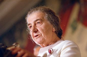 Then Israeli prime minister Golda Meir speaks at the United Nations in New York, United States, October 22, 1970.