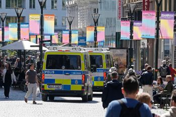 Police patrols in the city center ahead of the dress rehearsal for the second semifinal at the Eurovision Song Contest in Malmo, Sweden, Wednesday, May 8, 2024.