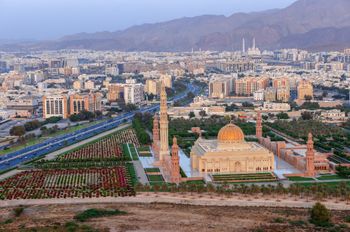 An aerial view shows the Sultan Qaboos Grand Mosque in Muscat, Oman,