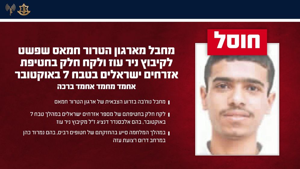 idf Ahmed Mohammed Ahmed Baraka, membre de la force Nukhba du Hamas, aurait participé à l’attaque contre Nir Oz le 7 octobre 2023 et à l’enlèvement de civils israéliens.