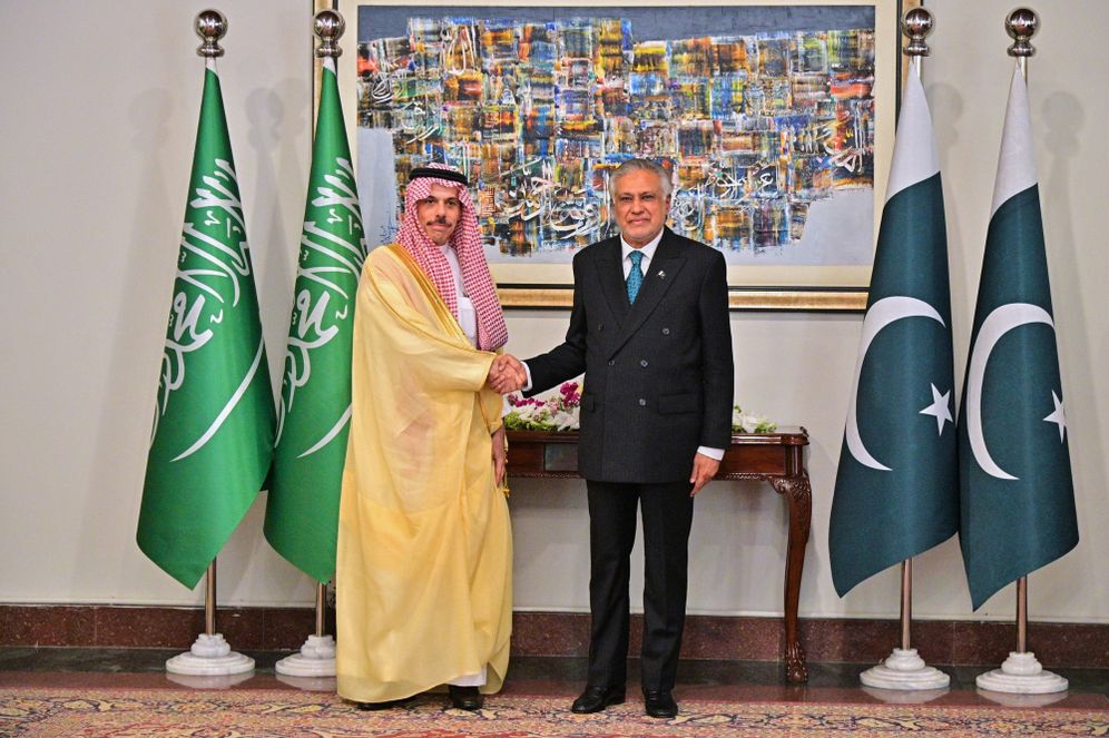 Pakistan Ministry of Foreign Affairs via AP In this photo, released by the Pakistan Ministry of Foreign Affairs, Saudi Arabia's Foreign Minister Prince Faisal bin Farhan Al-Saud, left, shakes hand with his Pakistani counterpart Ishaq Dar, prior to their meeting in Islamabad, Pakistan, Sunday, March 29, 2026.