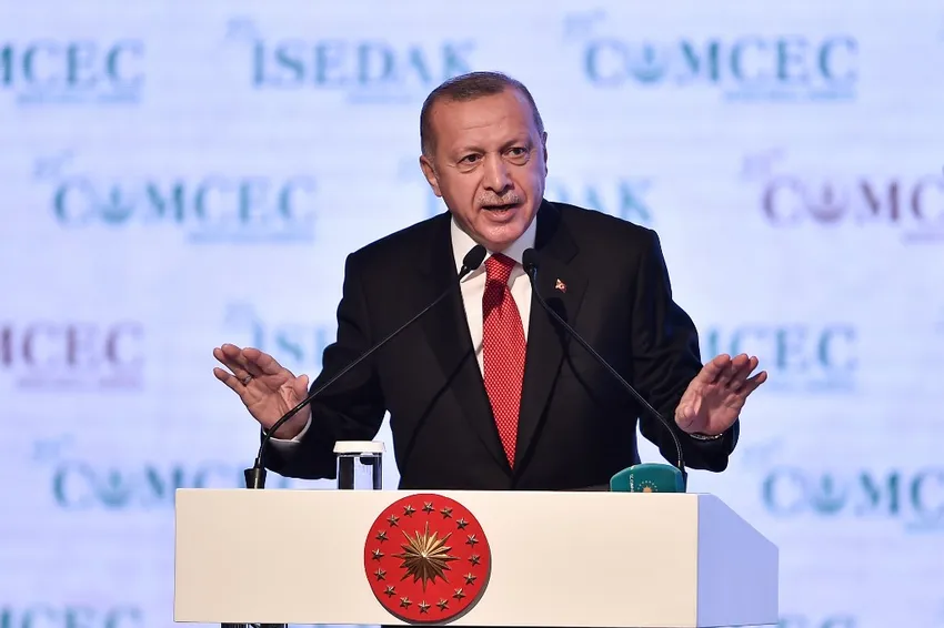 Turkish President Recep Tayyip Erdogan delivers a speech on November 27, 2019 in Istanbul.