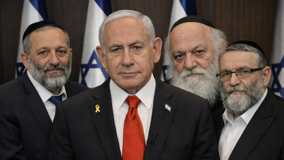Benjamin Netanyahou et les leaders des partis religieux. De droite à gauche : Moshé Gafni de Degel HaTorah, Yitzhak Goldknopf de Agoudat Israël et Arié Deri du Shas