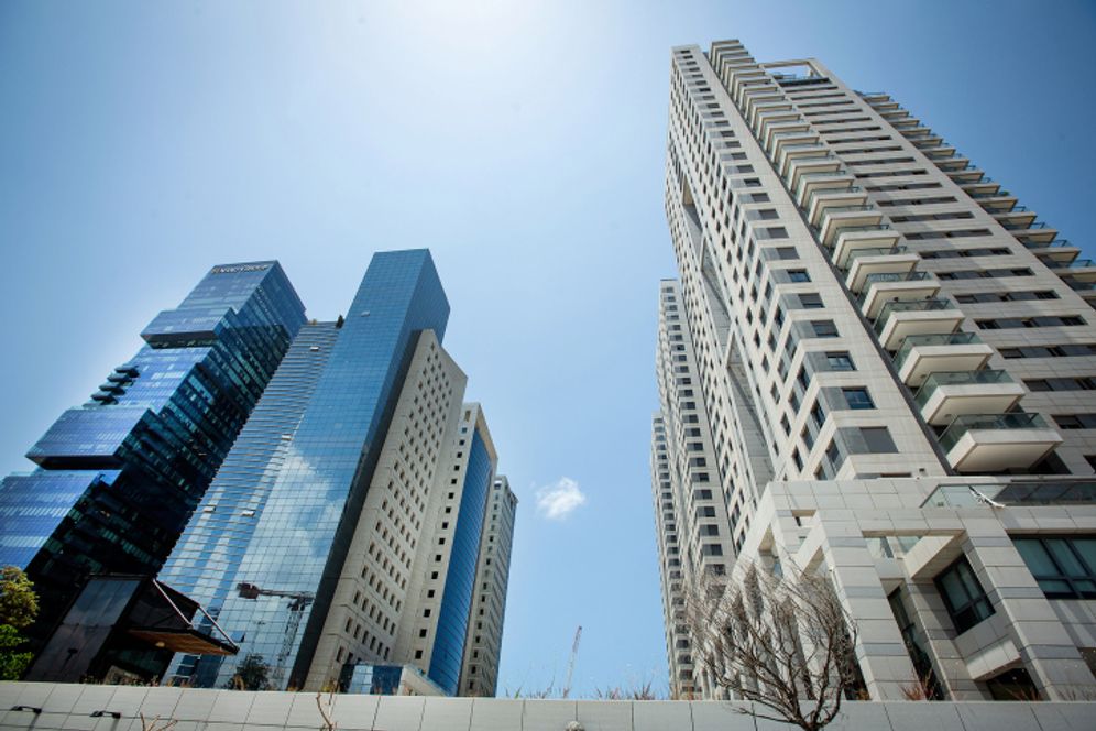 View of the old templar buildings and newly built high rises in the Sarona Market, central Tel Aviv, Israel, on May 28, 2020.