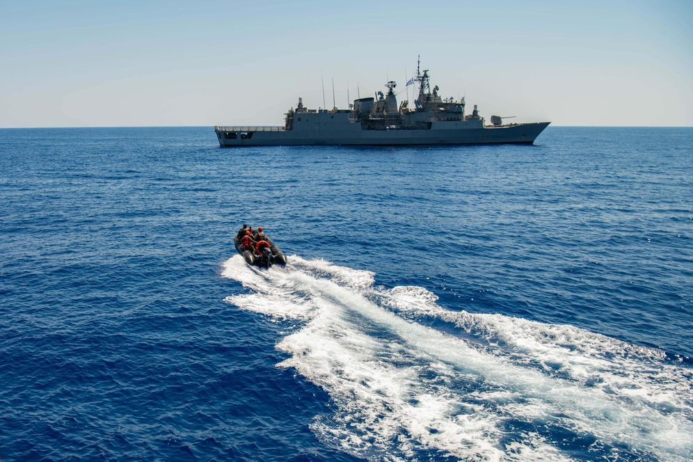 Israeli patrol boat approaches a Hellenic Navy Frigate during exercises in the Eastern Mediterranean Sea, September 17, 2026.