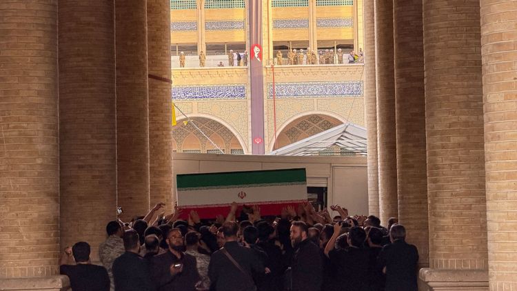The coffin of Iranian Supreme Leader Ayatollah Ali Khamenei is carried into the Mosalla Grand Mosque ahead of his funeral ceremonies in Tehran, Iran, Friday, July 3, 2026