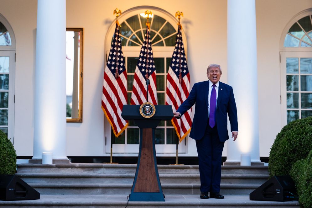 President Donald Trump speaks at a dinner for members of his administration and law enforcement organization leaders, during National Police Week, in the White House Rose Garden, Monday, May 11, 2026, in Washington.